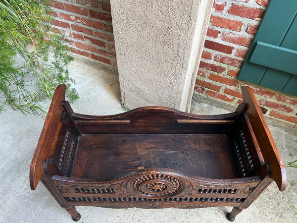 Antique French Carved Planter Breton Brittany Oak Doll Bed Fireside Box c1890