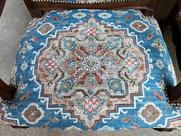 PAIR Antique French Dining Arm Chair Louis XV Carved Oak Blue Persian textile