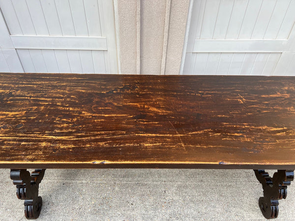 Antique French Oak Dining Table Catalan Trestle 7 ft. Farmhouse Plank Top c1890