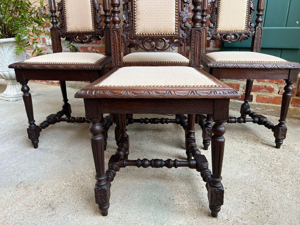 Set 4 Antique French Dining Chairs Renaissance Carved Oak Bird Black Forest