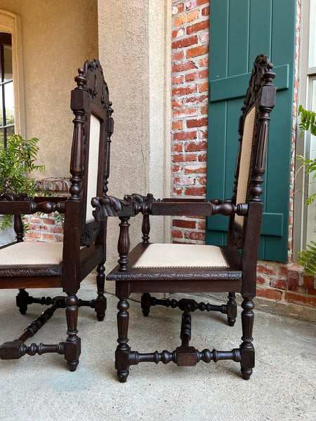 PAIR Antique French Arm Chair Dining Renaissance Carved Oak Bird Black Forest