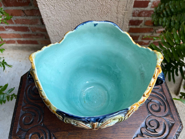 Antique French Majolica Jardinière Onnaing Tiger Monkey Jungle Cache Pot Planter