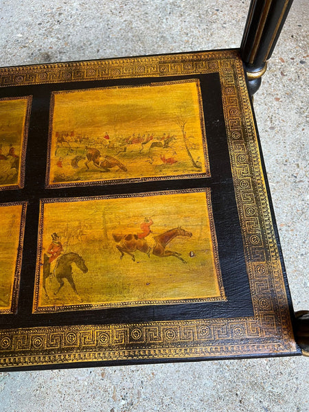 Antique English Console Side Table Decoupage Horse Equestrian Fox Hunt c1890