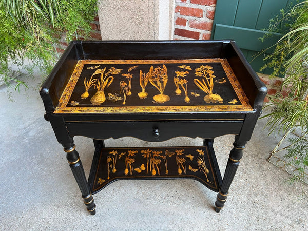 Antique English Sofa Side Table Decoupage Botanical Floral Black Gold c1890