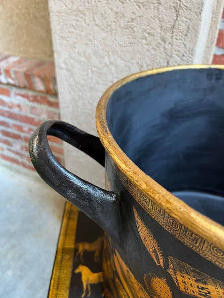 LARGE Antique English Planter Cachepot Black Metal Lacquer SHELL Decoupage c1890