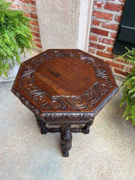PETITE Antique French Octagon Center Side TABLE Side End Renaissance Carved Oak