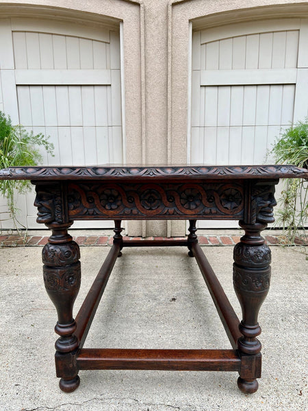 Antique French Renaissance Carved Oak Library Center Table Console Island c1880