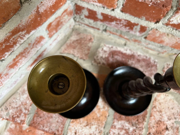 PAIR Set Antique English Oak OPEN Barley Twist Candlesticks Candle Holder Brass