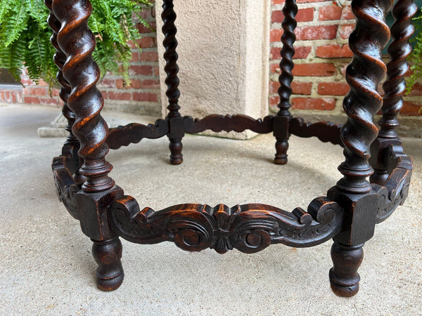 Antique French ROUND Side Center Table BARLEY TWIST Carved Oak Renaissance c1900