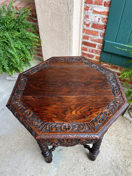 Antique French Octagon Sofa Table Carved Oak Barley Twist Louis XIII Renaissance