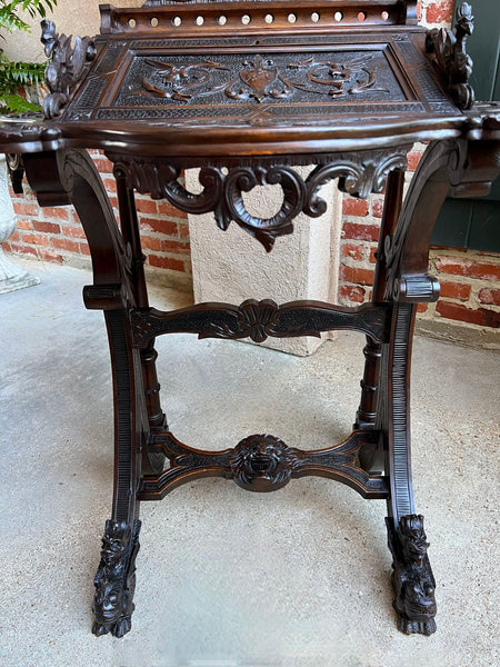 Antique French Writing Desk Secretary Black Forest Carved Oak Renaissance c1890