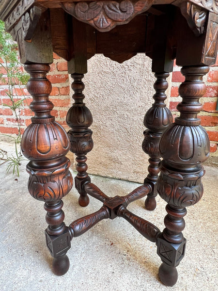 PETITE Antique French Octagon Center Side TABLE Renaissance Carved Oak c1890