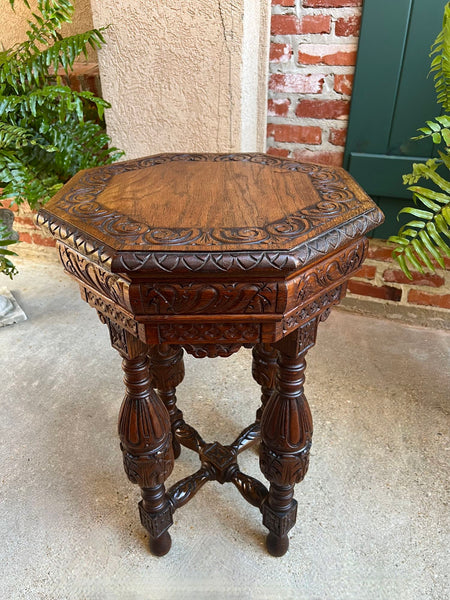 Petite Antique French Octagon Side TABLE Renaissance Carved Oak c1900