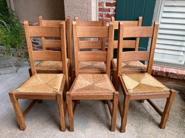 Set 6 Vintage French Ladder Back Dining Chairs Rush Seat Oak Country Farmhouse