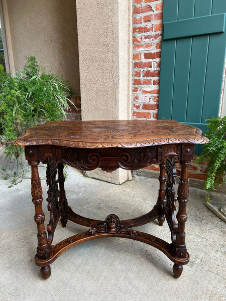 Antique French Sofa Hall Table Carved Oak Renaissance Revival Cherub End Table