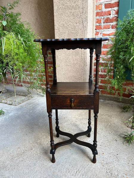 Antique English End Table SQUARE PETITE Jacobean Oak Two Tier c1900