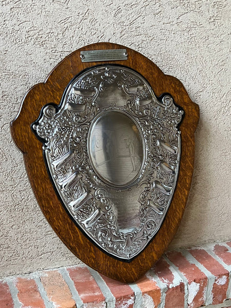 Antique English Dart Game Trophy Award Shield Oak Plaque Silver Plate c1909