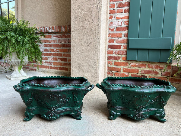 PAIR Antique French Cast Iron Jardiniere Large Footed Cache Pot Planter c1880