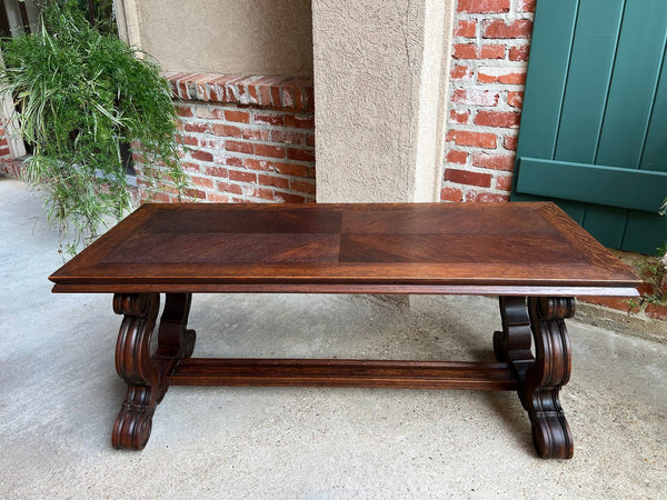 Antique French Coffee Table Carved Oak Bench Baroque Window Hall Seat c1900.