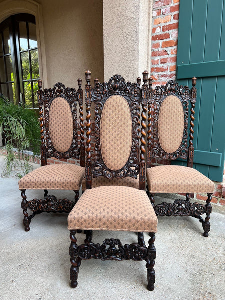 Set 4 TALL Antique French Dining Chair Barley Twist Renaissance Carved Oak 1890