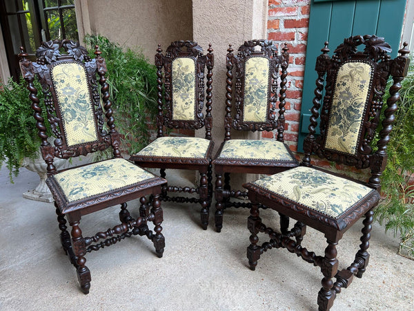 Set 4 Antique French Dining Chair Barley Twist Renaissance Carved Oak Green 1900
