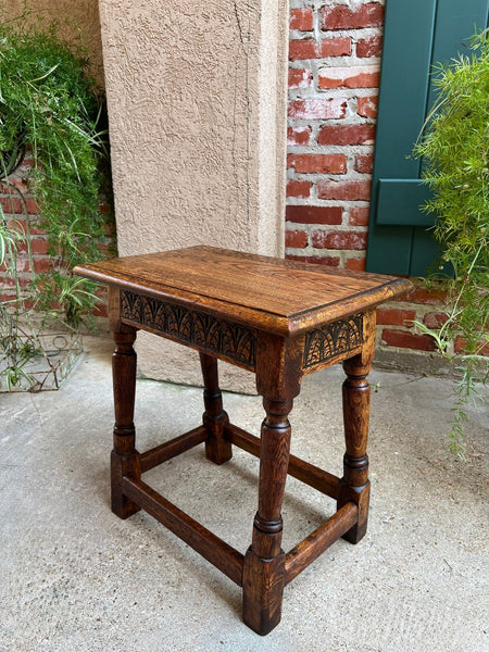 Antique English Footstool Bench Joint Stool Carved Oak Jacobean Stand c1900