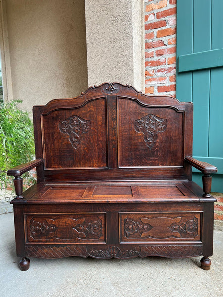 Antique French Louis XV Hall Bench Carved Oak Foyer Settee Lift Top Chest c1890