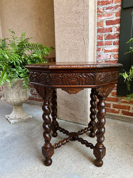 Antique French Octagon Sofa Table Carved Oak Barley Twist Louis XIII Renaissance