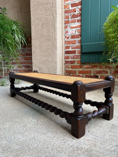 Antique English Barley Twist Stool Bench Oak Cane Jacobean Ottoman c1920