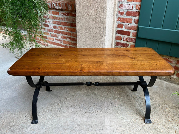 Antique French Coffee Table Bench Country Farmhouse Tiger Oak Wrought Iron c1920