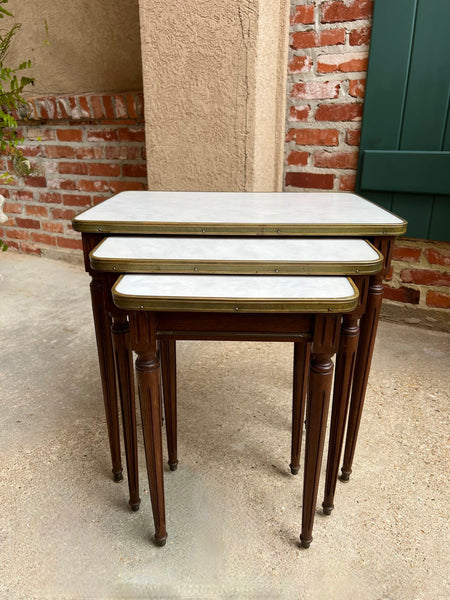 Set 3 Vintage French Nesting Table WHITE MARBLE Mahogany Louis XVI Maison Jansen