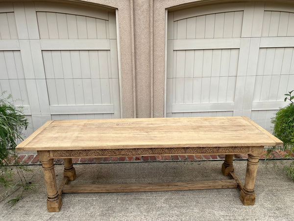 Antique French Dining Farm Table Bleached CARVED Oak 8 ft. LARGE c1880