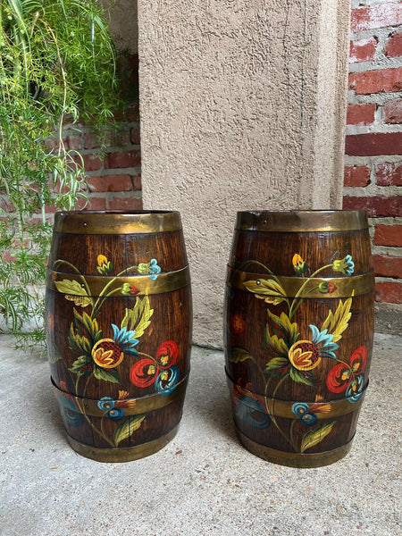 PAIR Set Antique English Oak Barrel Jardinière Planter Rosemaling Hand Painted