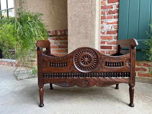 Antique French Carved Planter Breton Brittany Oak Doll Bed Fireside Box c1890