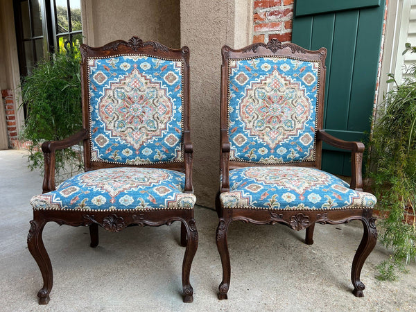 PAIR Antique French Dining Arm Chair Louis XV Carved Oak Blue Persian textile