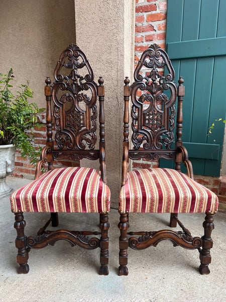 PAIR Antique French Dining Chairs Renaissance Revival Open Carved Oak SET of 2