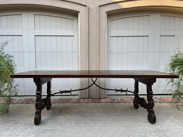 Antique French Oak Dining Table Catalan Trestle 7 ft. Farmhouse Plank Top c1890