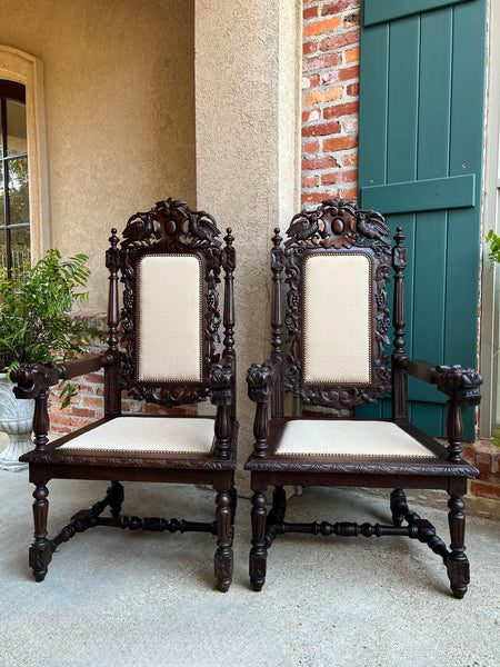 PAIR Antique French Arm Chair Dining Renaissance Carved Oak Bird Black Forest