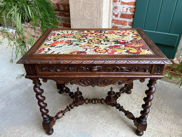 Antique French Sofa Table Writing Desk Barley Twist Carved Renaissance Tapestry