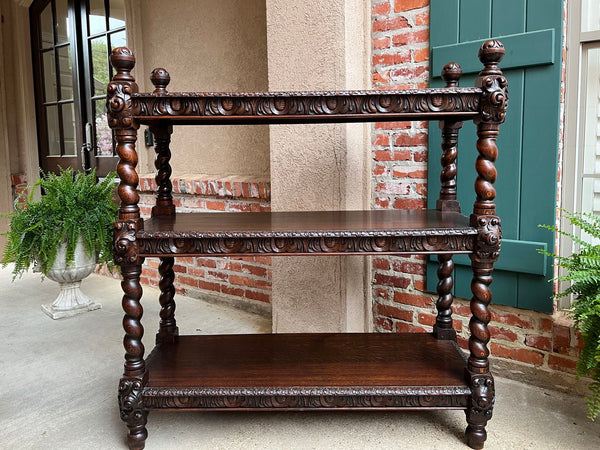 Antique English Server Sideboard Barley Twist Carved Oak Renaissance Dumbwaiter