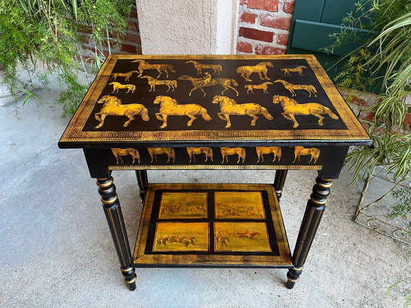 Antique English Console Side Table Decoupage Horse Equestrian Fox Hunt c1890