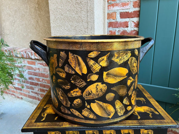 LARGE Antique English Planter Cachepot Black Metal Lacquer SHELL Decoupage c1890