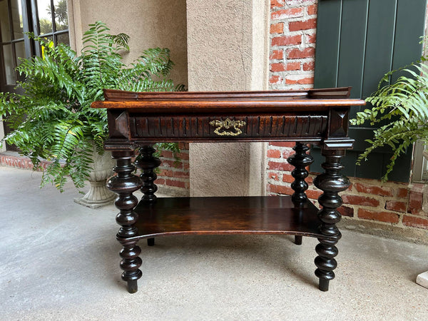 Antique English Hall Sofa Table Sideboard Carved Oak Bobbin Leg c1910