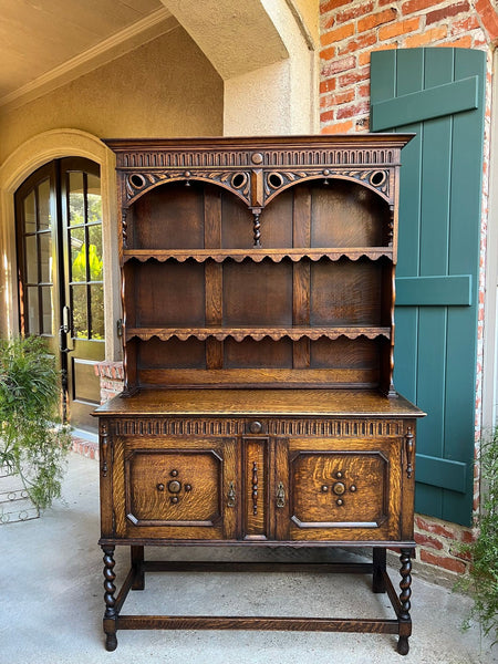 Antique English Welsh Dresser Sideboard Barley Twist Carved Tiger Oak Farmhouse