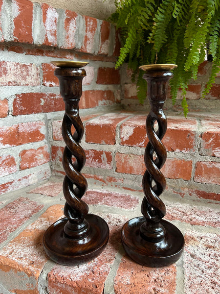 PAIR Set Antique English Oak OPEN Barley Twist Candlesticks Candle Holder Brass