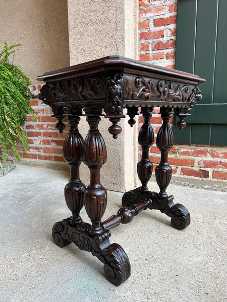 Antique French Side Table Petite Renaissance Carved Oak Gothic Console c1880