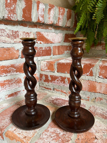PAIR Set Antique English Oak OPEN Barley Twist Candlesticks Candle Holder Brass