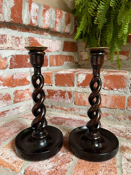 PAIR Set Antique English Oak OPEN Barley Twist Candlesticks Candle Holder Brass