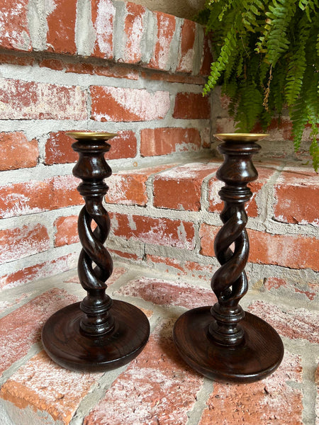 PAIR Set Antique English Oak OPEN Barley Twist Candlesticks Candle Holder Brass