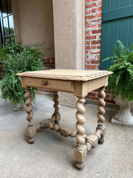 Antique French Side Table Barley Twist Bleached Carved Oak Nightstand Louis XIII